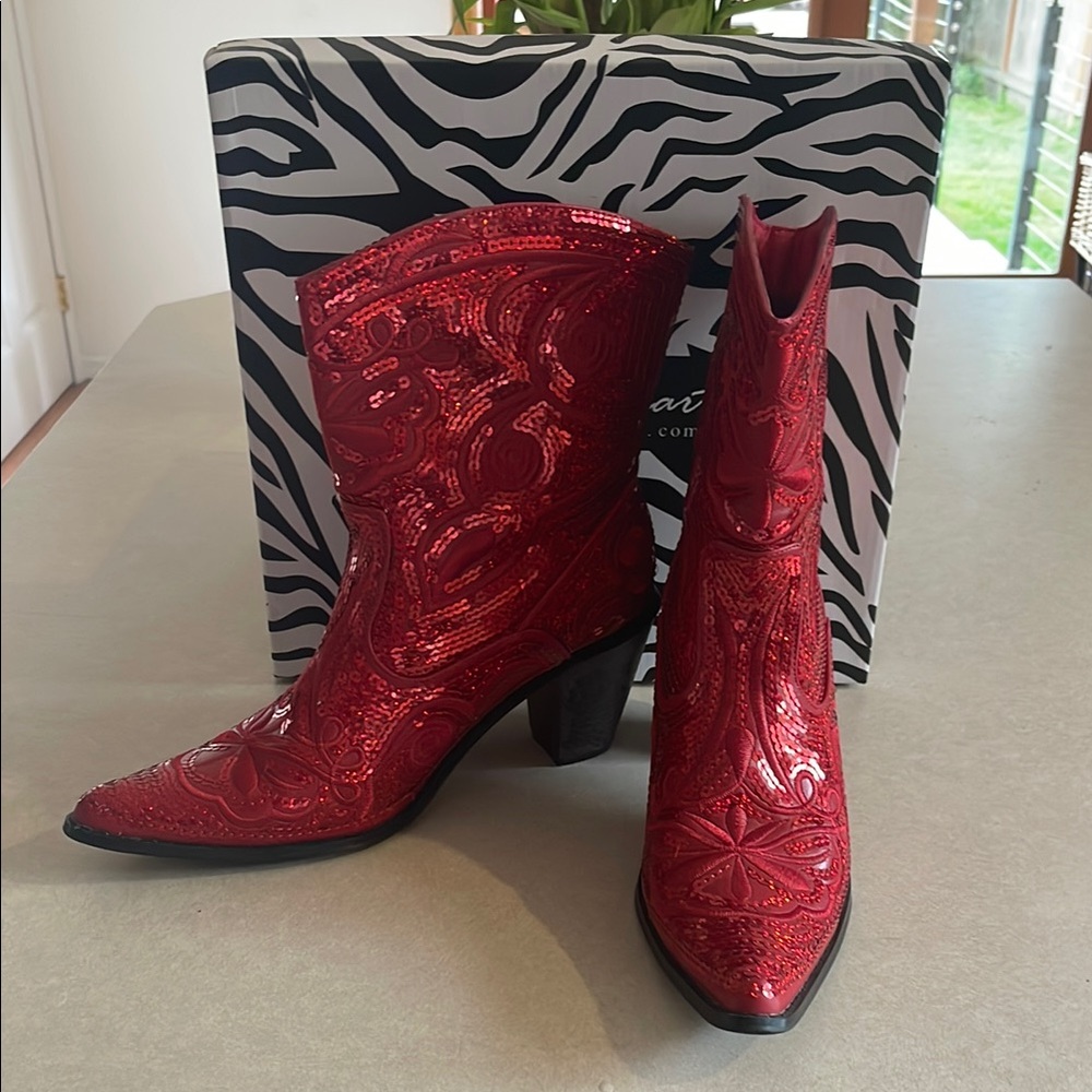 Red Sequined Western Heeled Boots